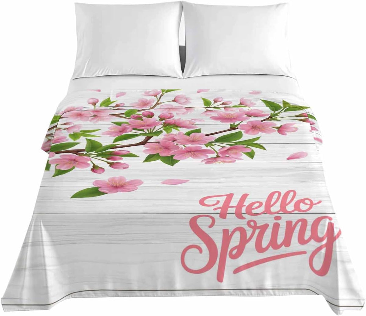 Cal King Flat Sheet Top Sheet Only, Hello Spring Peach Blossom Floral Soft Microfiber Breathable Bed Sheets, Pink Flower Rustic Wood Grain Hotel Luxury Bedding Flat Sheets