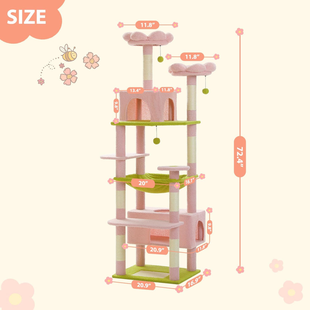 Flower Cat Tree 72" Cat Tower with Condos&Hammock for Large Cats