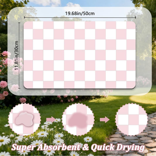Pink Cat Food Mat 12"x 20" Cat Dog Feeding Mat for Food and Water Bowls Pink Checkered Diatomaceous Earth Absorbent Quick Dry Non Slip Pet Feeding Placemat for Messy Eaters Drinkers