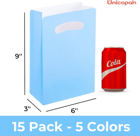 15 Pack Pastel Party Favor Bags - 6x3x9" Matte Goodie Bags in 5 Assorted Colors for Birthday, Wedding, Baby Shower - Sturdy Teal Pink Purple Blue Gift Bags with Handles, Customizable for Treats & Cookies