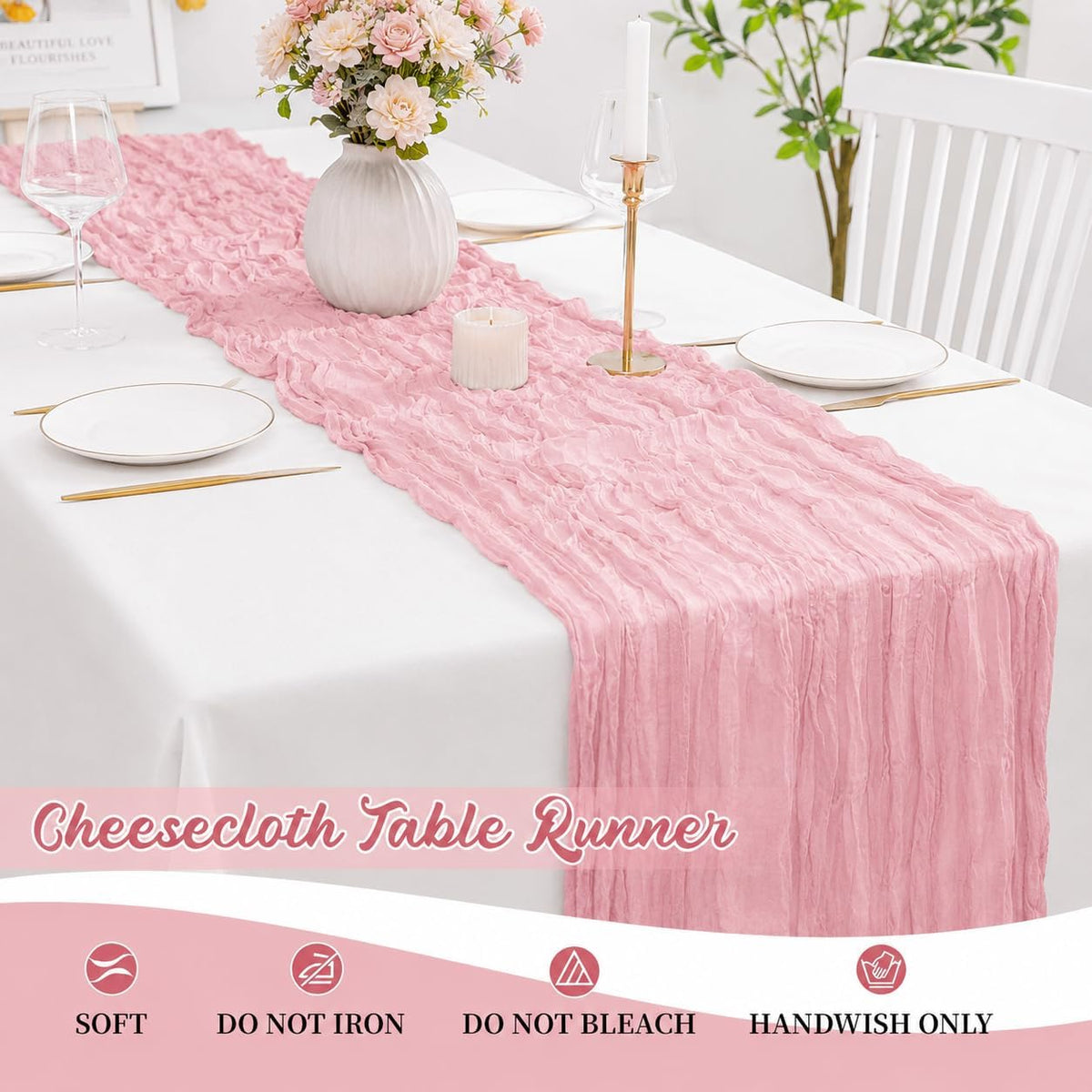 12 Pack Light Pink Cheesecloth Table Runners 22x120 Inch Boho Rustic Table Runner for Wedding Bridal Shower Party Banquet Farmhouse Kitchen & Dining Table Decor