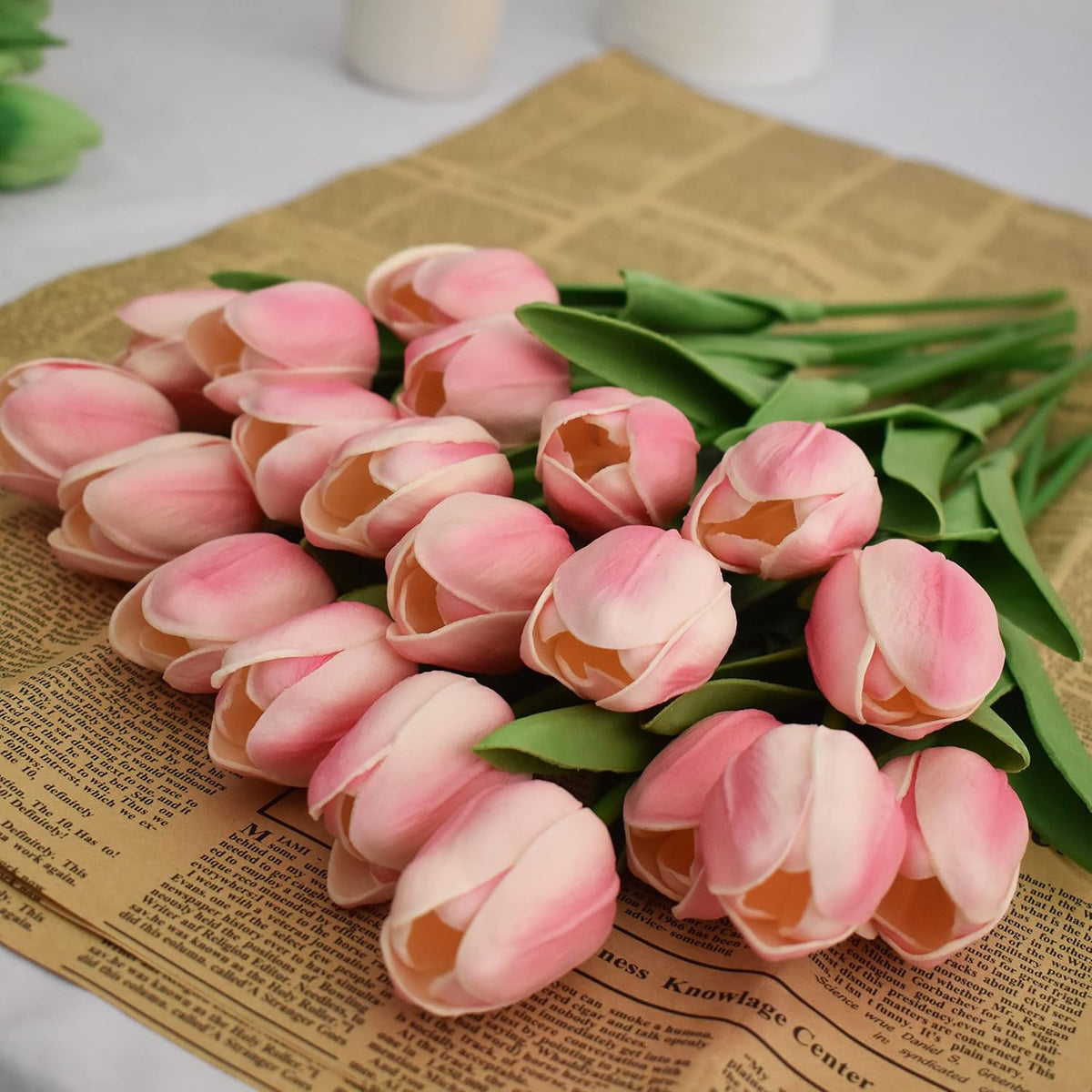 20pcs Artificial Tulips Flowers Fake Faux PU Tulip Bouquet Real Touch Flower Arrangement for Home Room Office Party Wedding Decoration Excellent Gift Idea for Mothers Day (Pink)