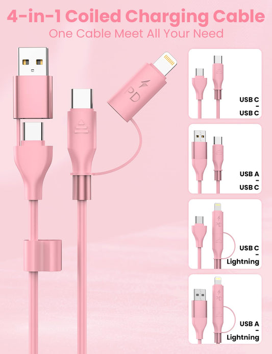 Pink Coiled Car Charging Cable 2-in-1 (USB-C & Lightning), 3FT Cute Car Accessories for iPhone 17/16/15, Samsung Galaxy โ Supports Apple CarPlay & Android Auto