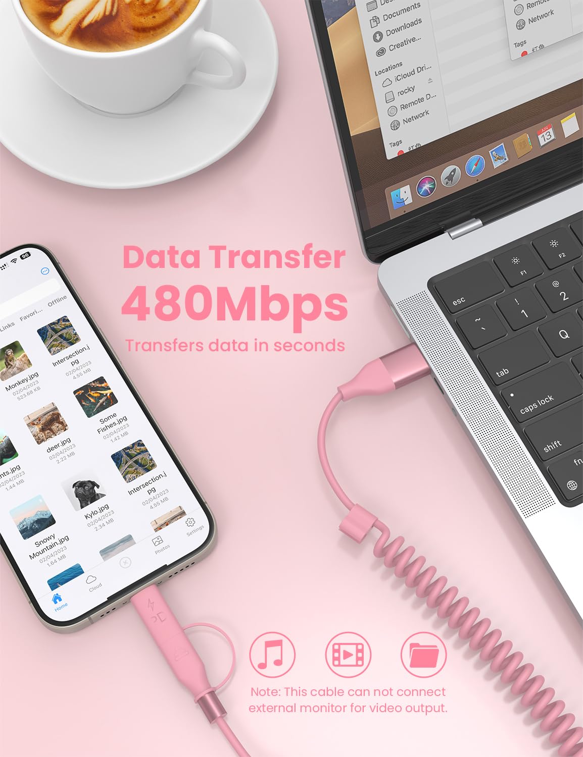 Pink Coiled Car Charging Cable 2-in-1 (USB-C & Lightning), 3FT Cute Car Accessories for iPhone 17/16/15, Samsung Galaxy — Supports Apple CarPlay & Android Auto