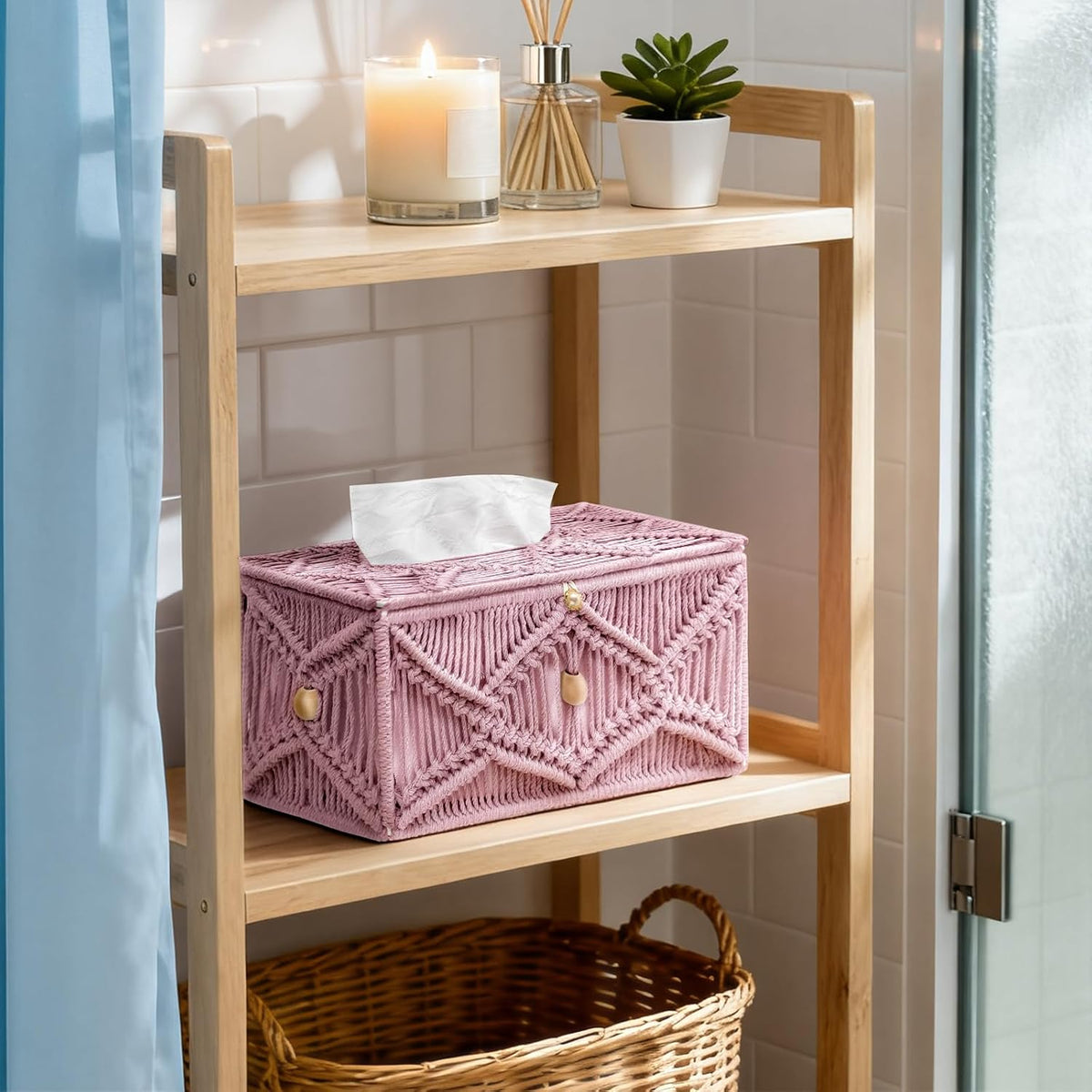 Handmade Tissue Box Cover Rectangle Decorative Macrame Boho Tissue Holder Cotton Rope Woven Napkin Facial Paper Organizer Bohemian Desk Storage Container with Buckle Wood Beads (Pink)