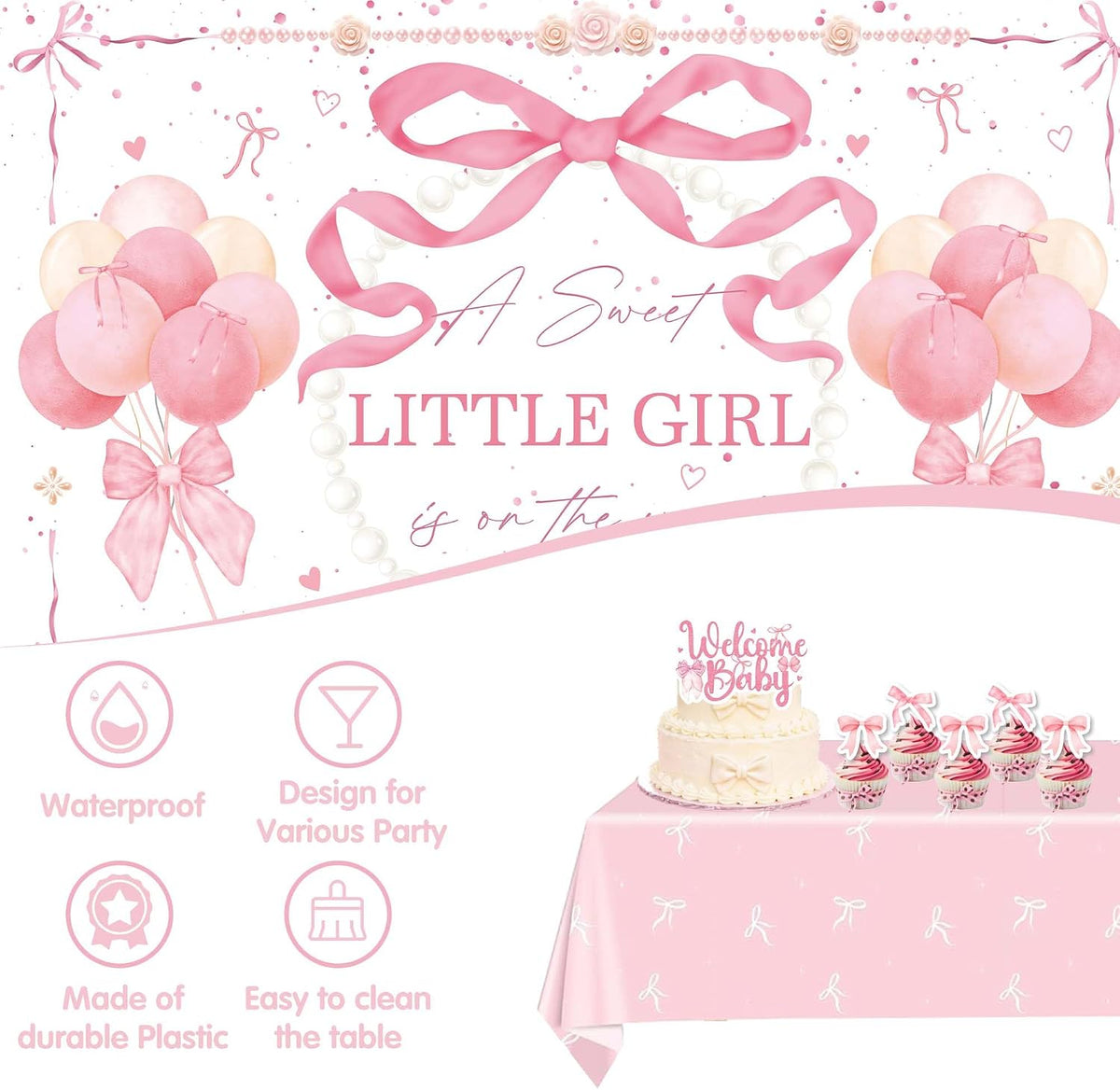 143Pcs Pink Bow Baby Shower Decorations for Girl, Coquette Party Supplies with 5x3ft Backdrop, 4 Baby Boxes with Letters, Balloon Garland Arch Kit, Tablecloth & Cake Toppers for It's a Girl Reveal