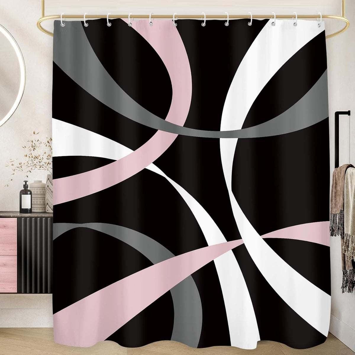 Abstract Line Minimalist Shower Curtain 60Wx71L, Black Pink Gray Shower Curtains for Bathroom Decor, Geometric Modern Contemporary Shower Curtain Set Home Decor 12 Pack Hooks