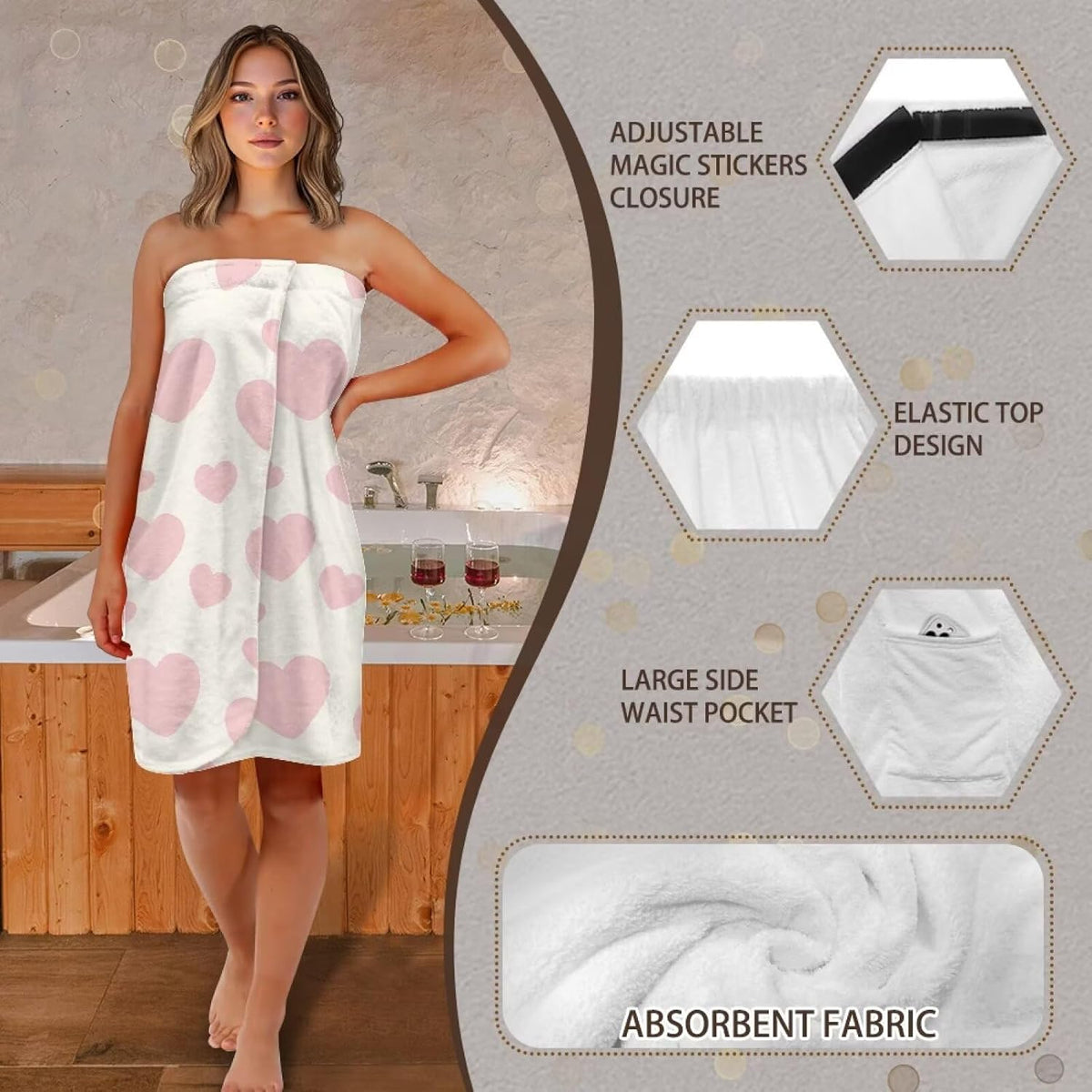 Bath Shower Wrap for Women- with Adjustable Closure & Pockets Body Towel Wraps Absorbent Breathable Spa Gym Bath