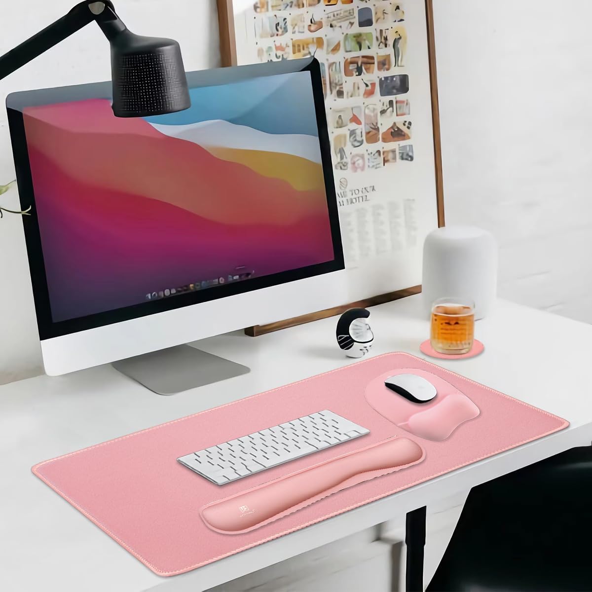 Keyboard Wrist Rest Large Mouse Pad Wrist Support for Computer, 4 in 1 Memory Foam Keyboard Pad Desk Mat Ergonomic Hand Rest Wrist Cushion for Home Office Gaming-Pink