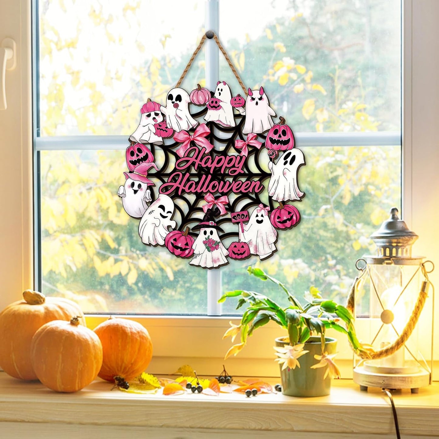 Halloween Wreath 11.8×11.8 Inch October Pink Ghost Home Party Decor