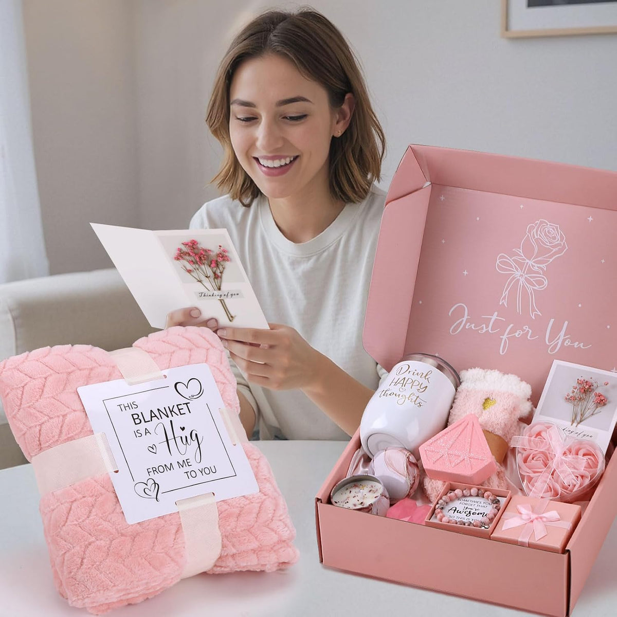 Mothers Day Birthday Gifts for Women Self Care Get Well Soon Gift Baskets, Pink Relaxing Spa Gift Set Care Package with Blanket, Unique Mother's Day Gifts for Mom Wife Grandma Daughter Sister