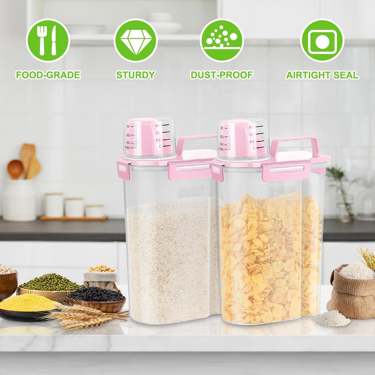 Rice Container 2 Pack 5 Lbs Cereal Container Storage, Kitchen Pantry Food Storage Holder with Cup, Small Pet Dog Cat Food Container -Pink
