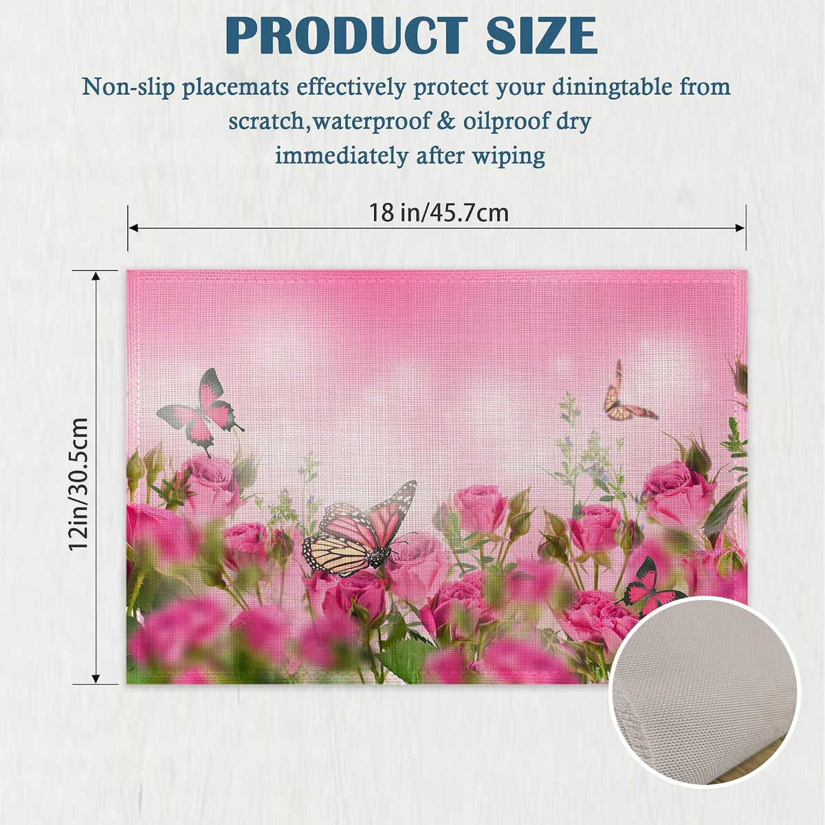 Spring Pink Rose Placemats Set of 4, Floral Butterfly Linen Place Mats Heat Resistant Non-Slip Washable Table Mats for Dining Kitchen Party Decor 12"x18"