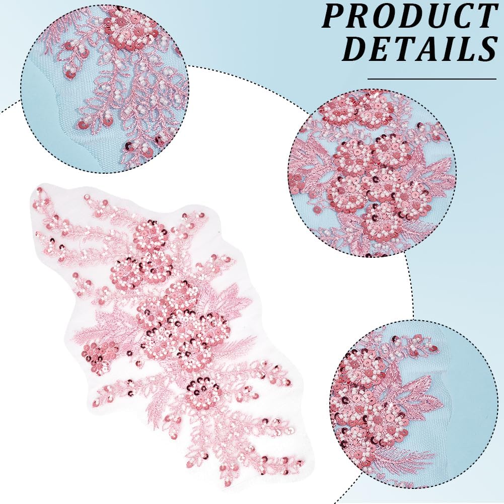 2Pcs 3D Floral Embroidery Applique Polyester Sequin Flower Appliques Pink Beaded Lace Embroidered Sew on Tulle Patches for Sewing Making Crafts Clothes Wedding Bridal Gown Costumes Supply