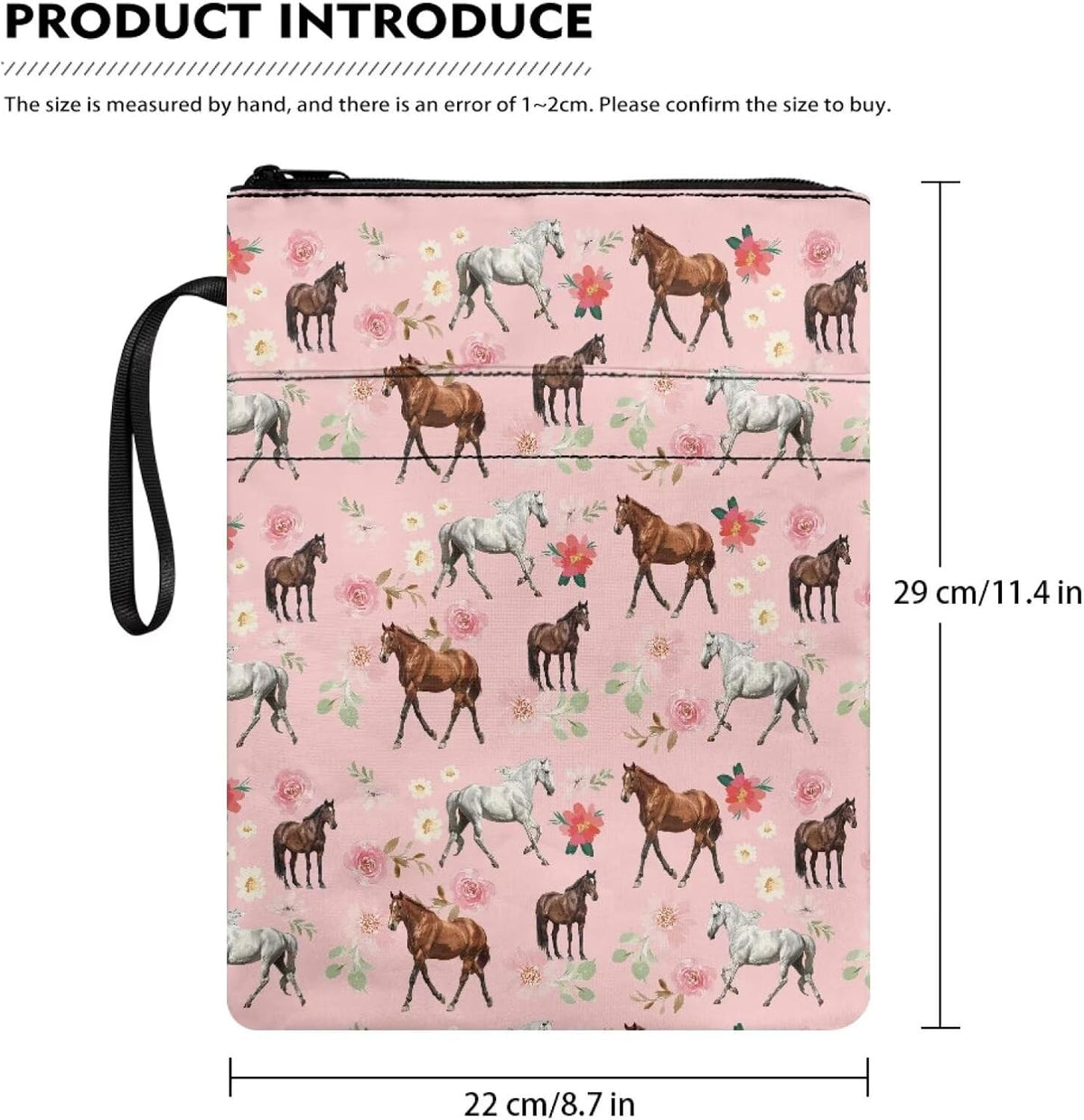 Pink Floral Horse Book Covers Sleeve Book Bag Suitable for Most Hardcover Paperback Textbook Notebook Novel Bible Pouch with Back Pocket Wrist Lanyard