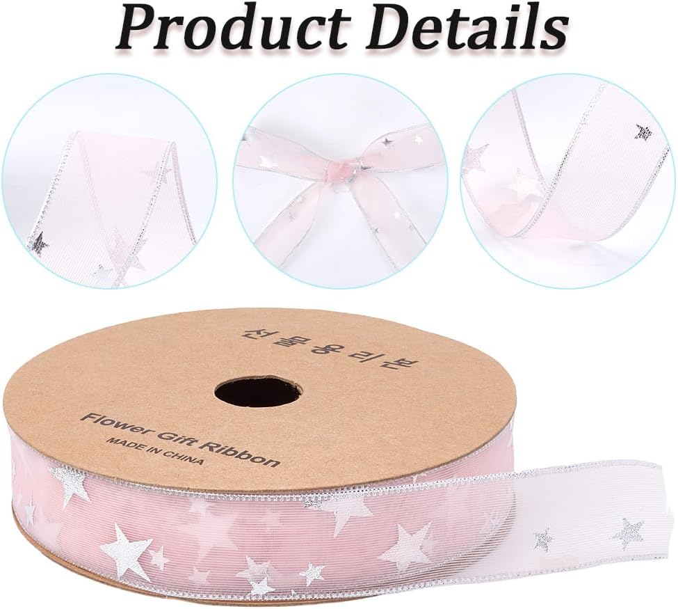 20 Yards 1 Inch Pink Star Ribbon Sheer Organza Silver Stars Print Chiffon Silk Transparent Sparkly Pastel Ribbons with Spool for Sewing Making Crafts Gift Wrapping Wreaths Bouquet Diy Supply