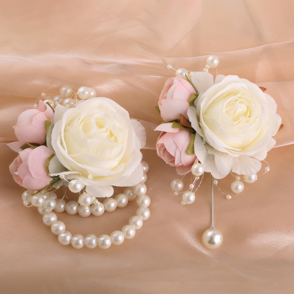 Wrist Corsage and Boutonniere Set for Groom Groomsmen Men Suit Bride Bridesmaid Artificial Flower Wrist Corsage for Wedding Prom Homecoming Party Ivory and Pink