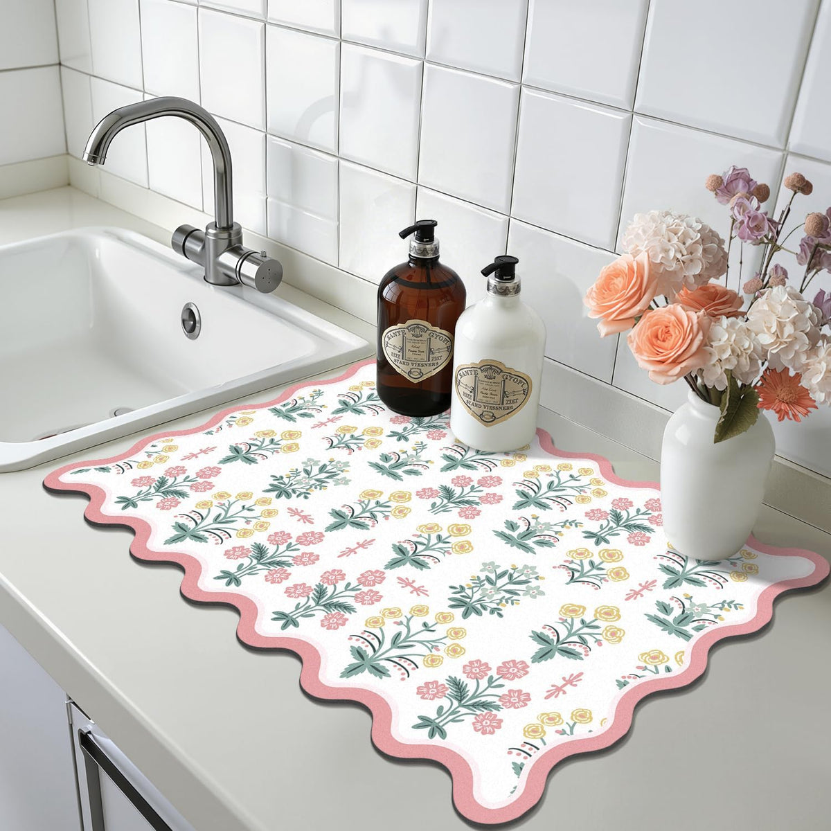 Scalloped Floral Dish Drying Mat, 12"x20" Coffee Mat Pink Pastoral
