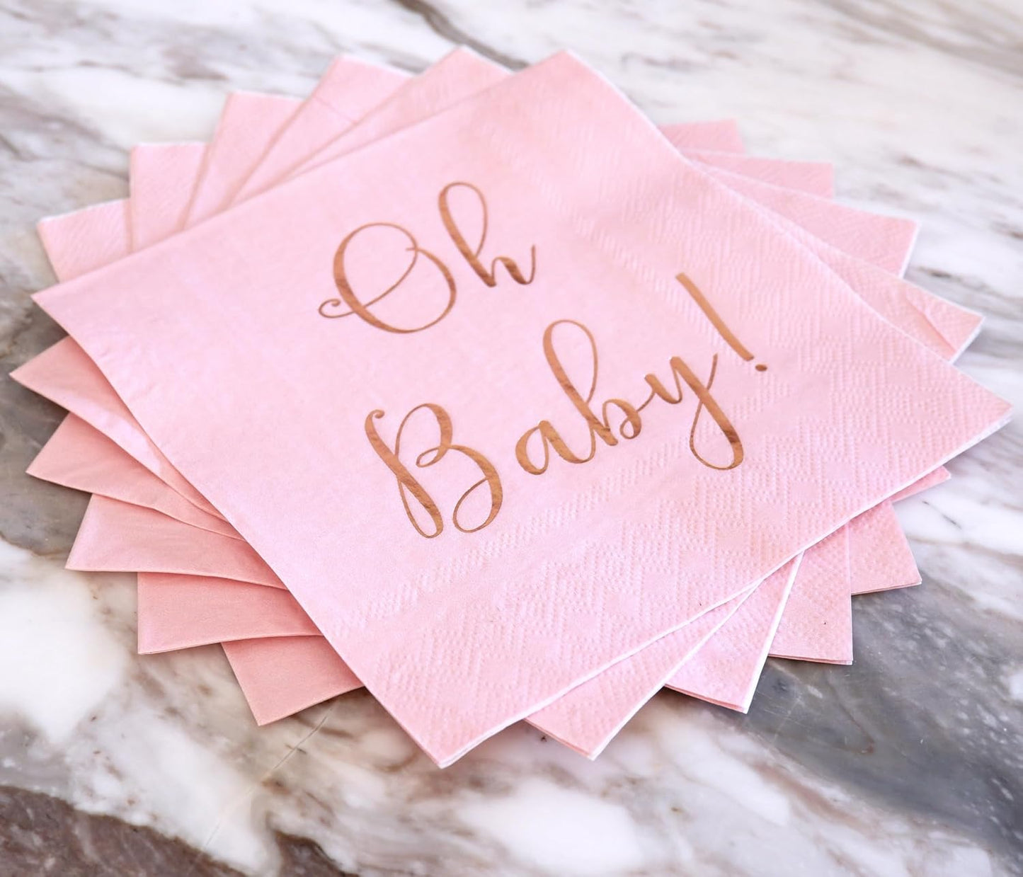 Baby Shower Napkins - 50 Pack Disposable Paper Luncheon Cocktail Napkins with Foil "Oh Baby!" Folded 6.5"x6.5" for Girl Baby Shower Party (Pink with Rose Gold)
