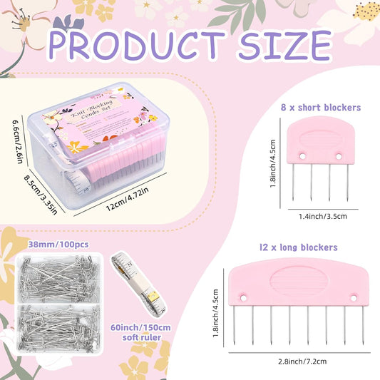 120 Pcs Knit Blocking Combs Pins Kit, 20Pcs Pink Color Knit Blockers Pins Kit, 100 T-pins for Blocking Knitting Crochet, Needlework Projects, Knitting Block Pins Tool for Blocking Mats