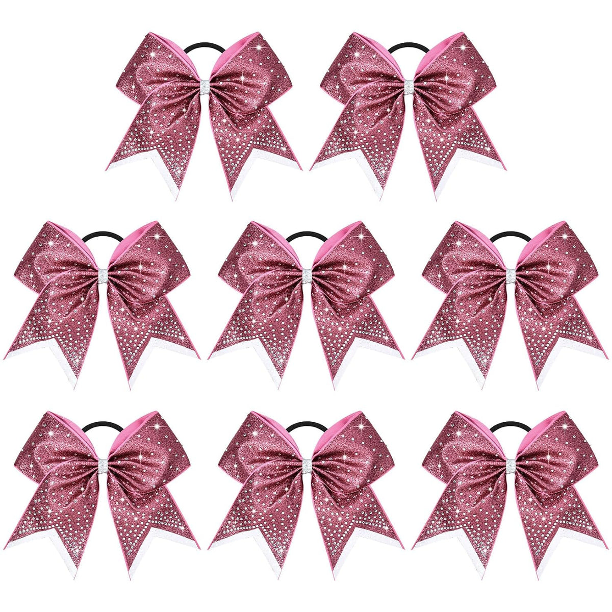 8PCS Glitter Cheer Bow Large Cheer Bows Rhinestones Hair Bows Girls 8"Cheerleading Bows Bulk Elastic Band Ponytail Holder for Teen Girls College Sports Competition Pink