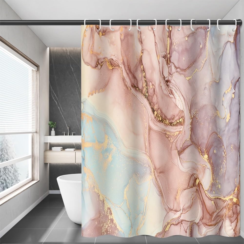 Abstract Pink and Blue Marble Bathroom Shower Curtain Gradient Watercolor Gold Sand Waterproof Shower Curtains with Hooks Modern Art Aesthetic Shower Curtain for Girls Bathroom, 48x72 Inch
