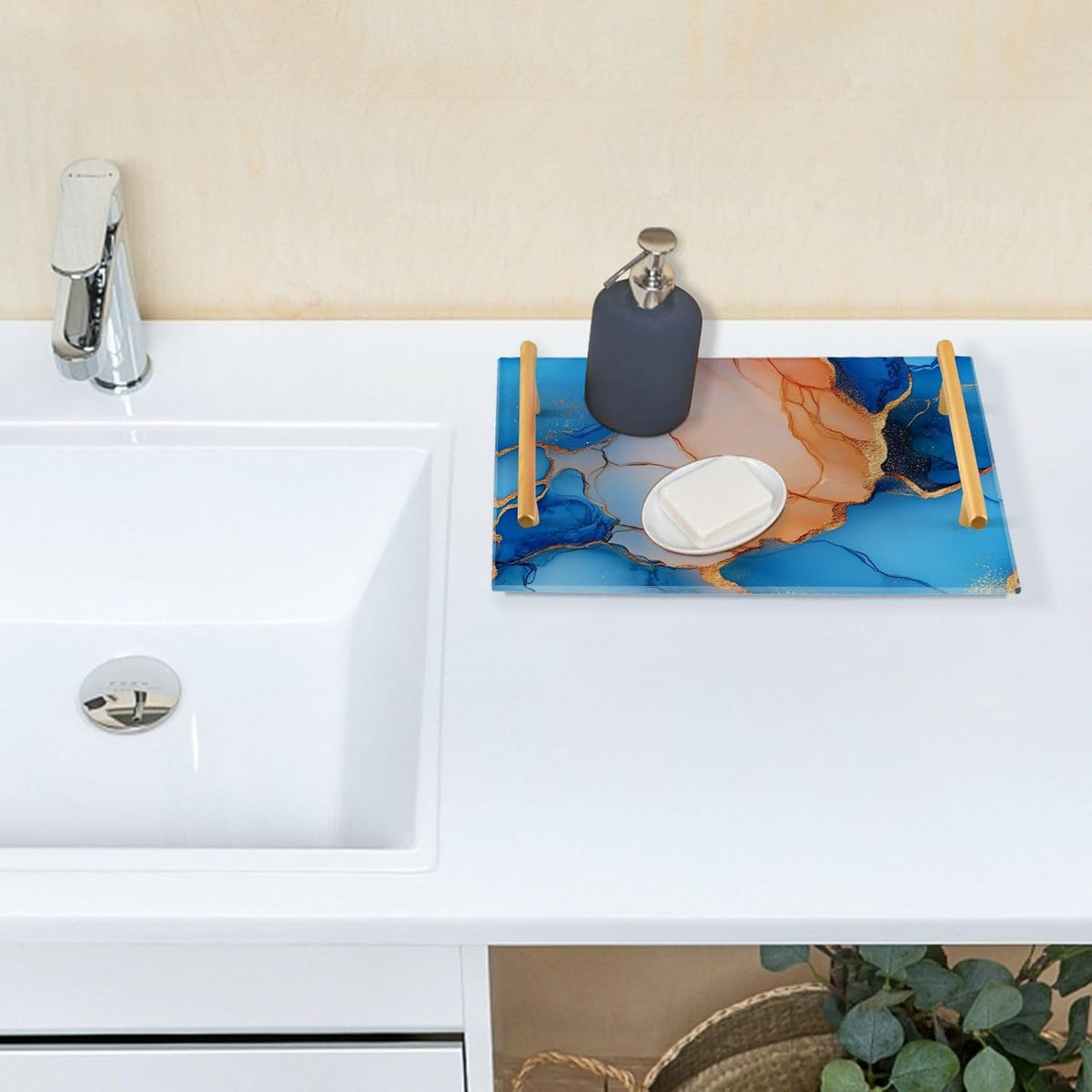 Marble Royal Blue Peach Decorative Carrying Tray with Handles Trays for Eating On for Jewelry Perfume for Farmhouse Serving bandeja para mesa de sala