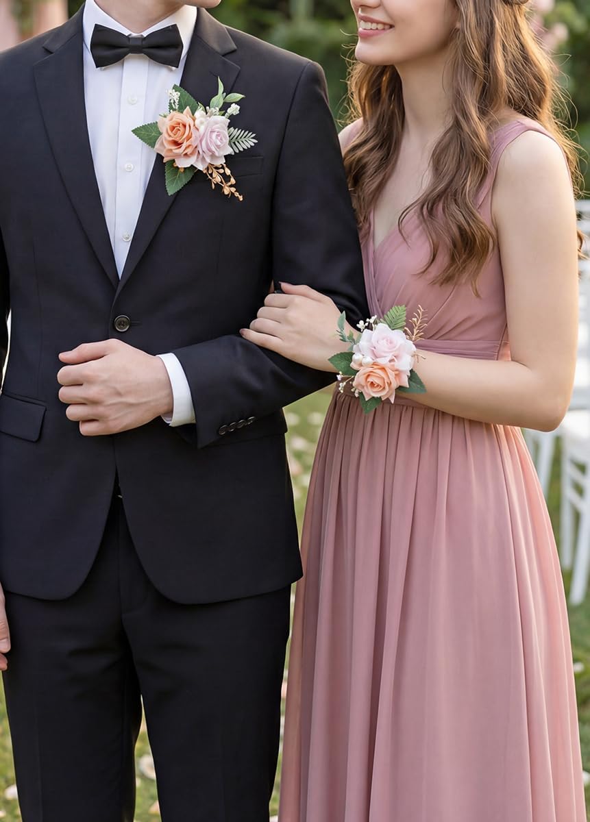 Dusty Pink Corsage and Boutonniere Set for Wedding Prom