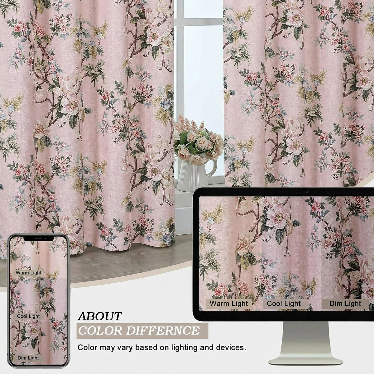 Light Pink Linen Floral Valance Curtains 14 Inch 2 Panels for Kitchen, Light Blocking Narrow Cafe Window Curtains for Basement RV Camper Windows, Farmhouse Basement Panels, 52" W x 14" L