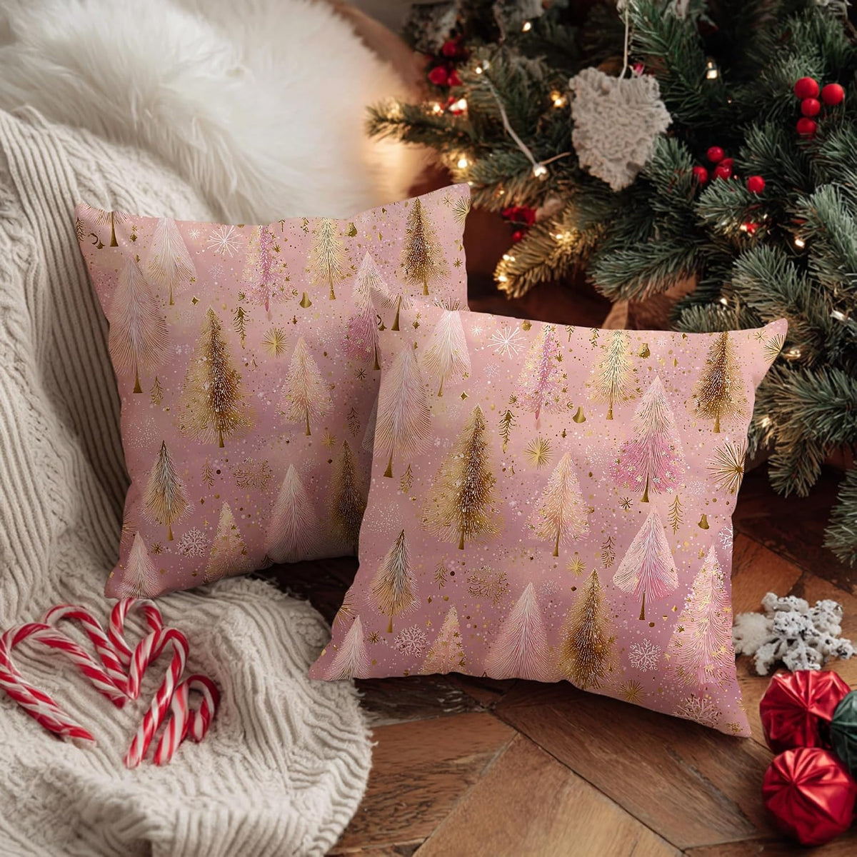 Christmas Trees Throw Pillow Covers Set of 2, Festive Fanciful Snowflakes Stars Xmas Peach Soft Velvet Washable Couch Pillow Covers for Living Room Bed Office Sofa Chair Decor 14x14 Inch