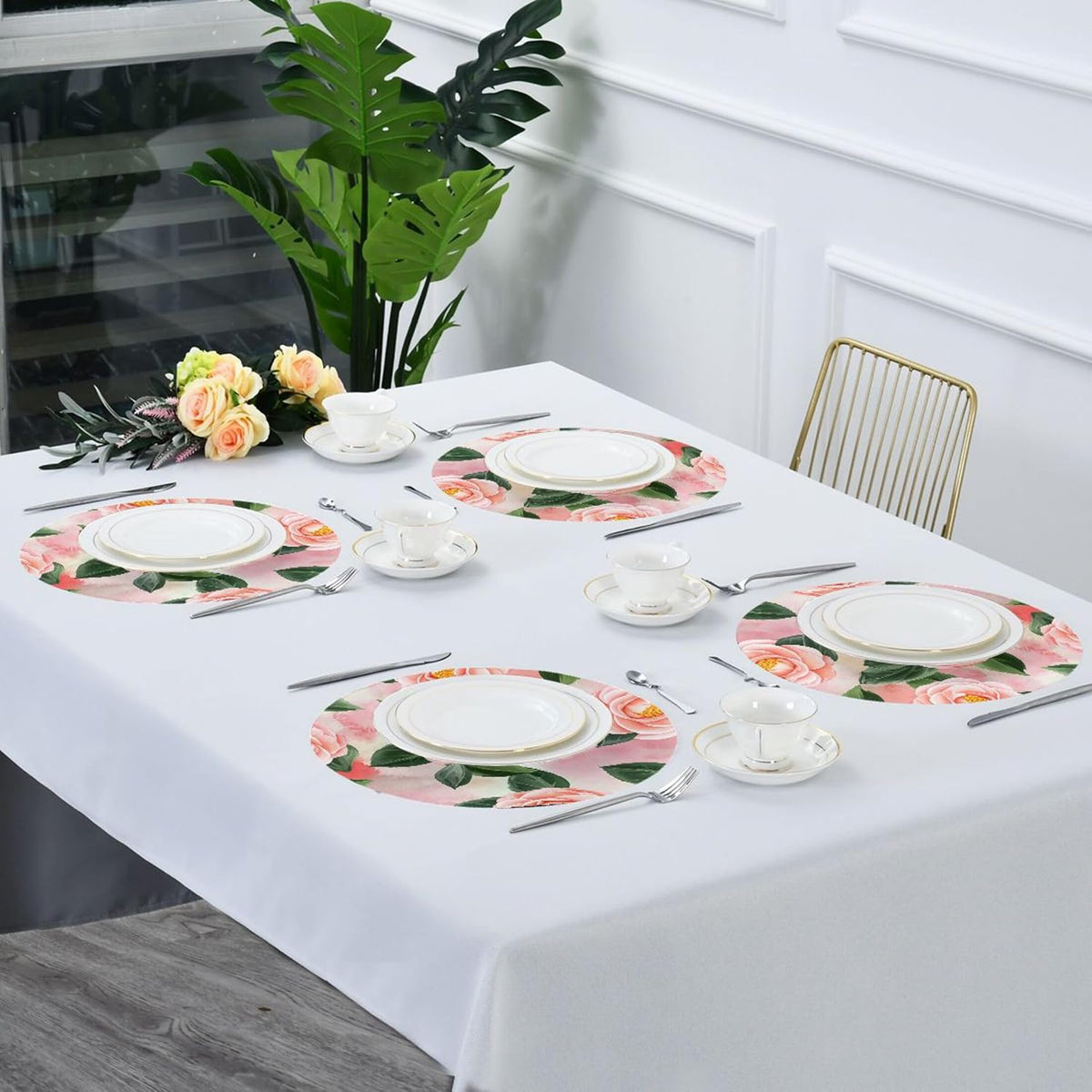 Round Placemats Set of 6 Peach-Pink Camellia Washable Non-Slip Heat Resistant Place Mats, 15.4” Dining Table Place Mats for Kitchen Holiday Party Decoration