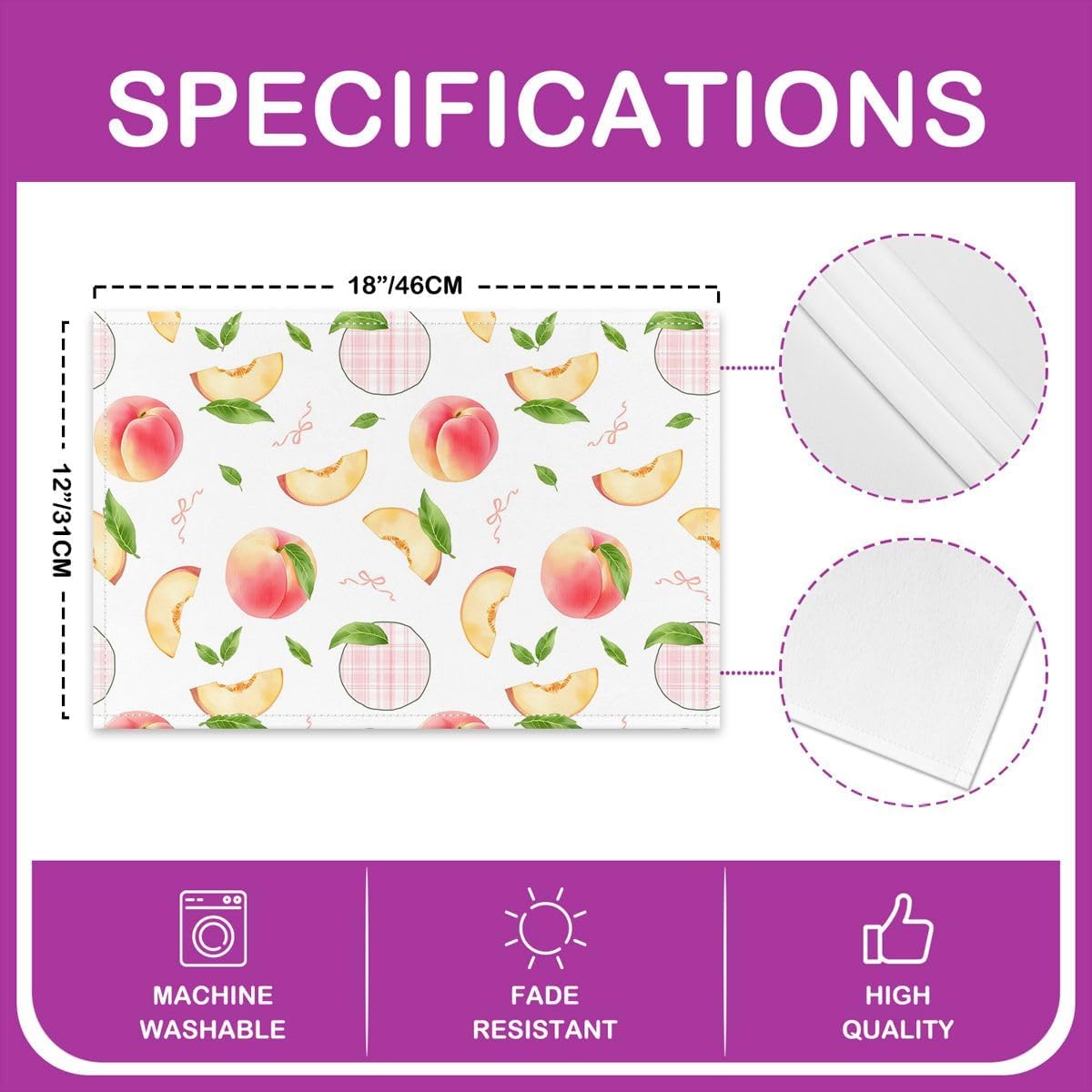 Pink Peach Placemats Set of 4,Bowknot Leaves Fruit Table Place Mats for Kids Boys Girls,Food Theme Placemat Peachy Grid for Kitchen Dining Table Decoration 12"x18"