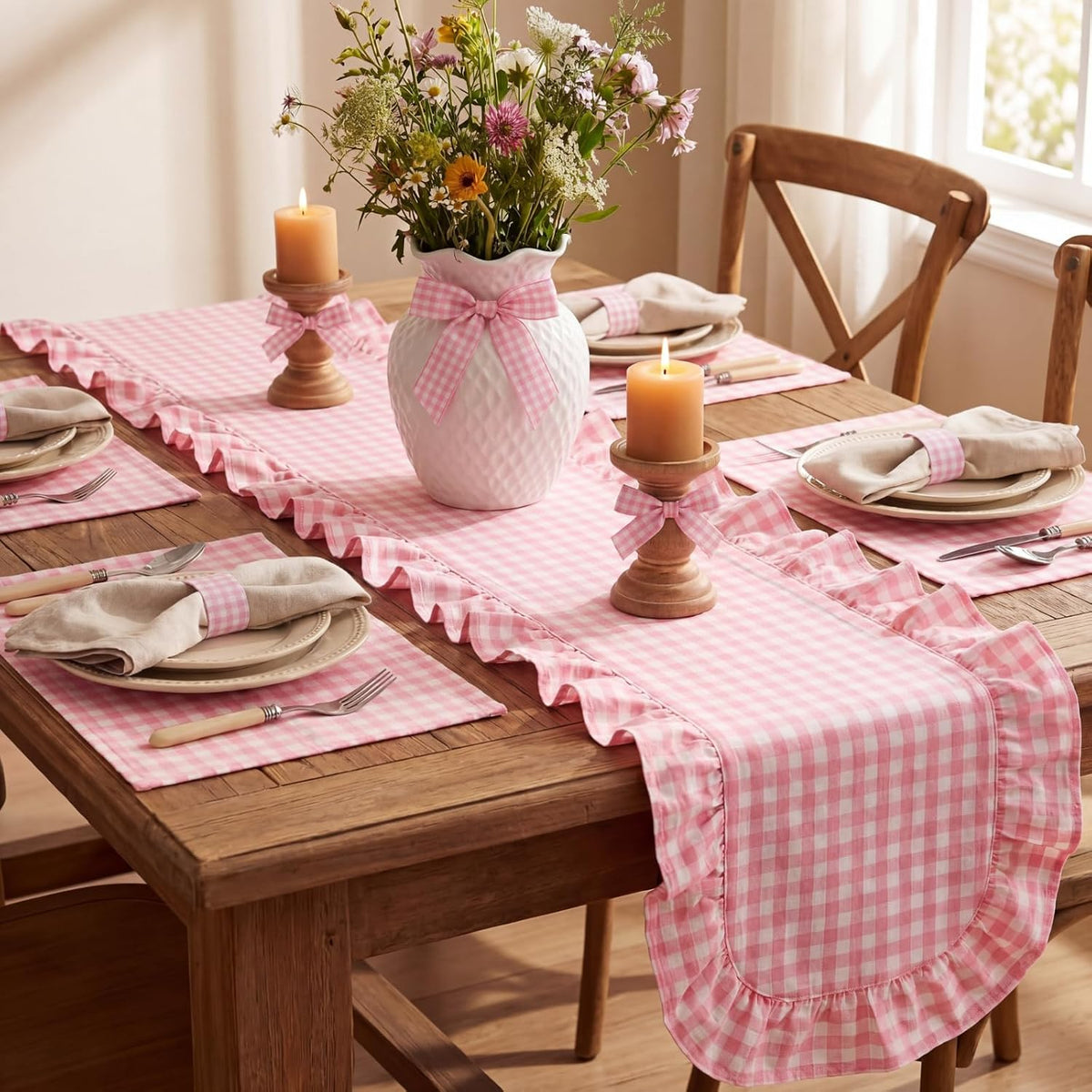 Pink Gingham Table Runner 12''x71'' Cotton Fabric Ruffle Checkered