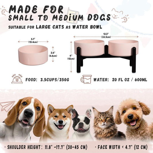Ceramic Elevated Dog Bowl Set - Dog Feeder Station with Cute-Style Double Bowls for Small and Medium Size Breed - Non-Slip Raised Dish for Food and Water Feeding- 6 Inch - 3.5 Cups / 20 fl oz - Pink