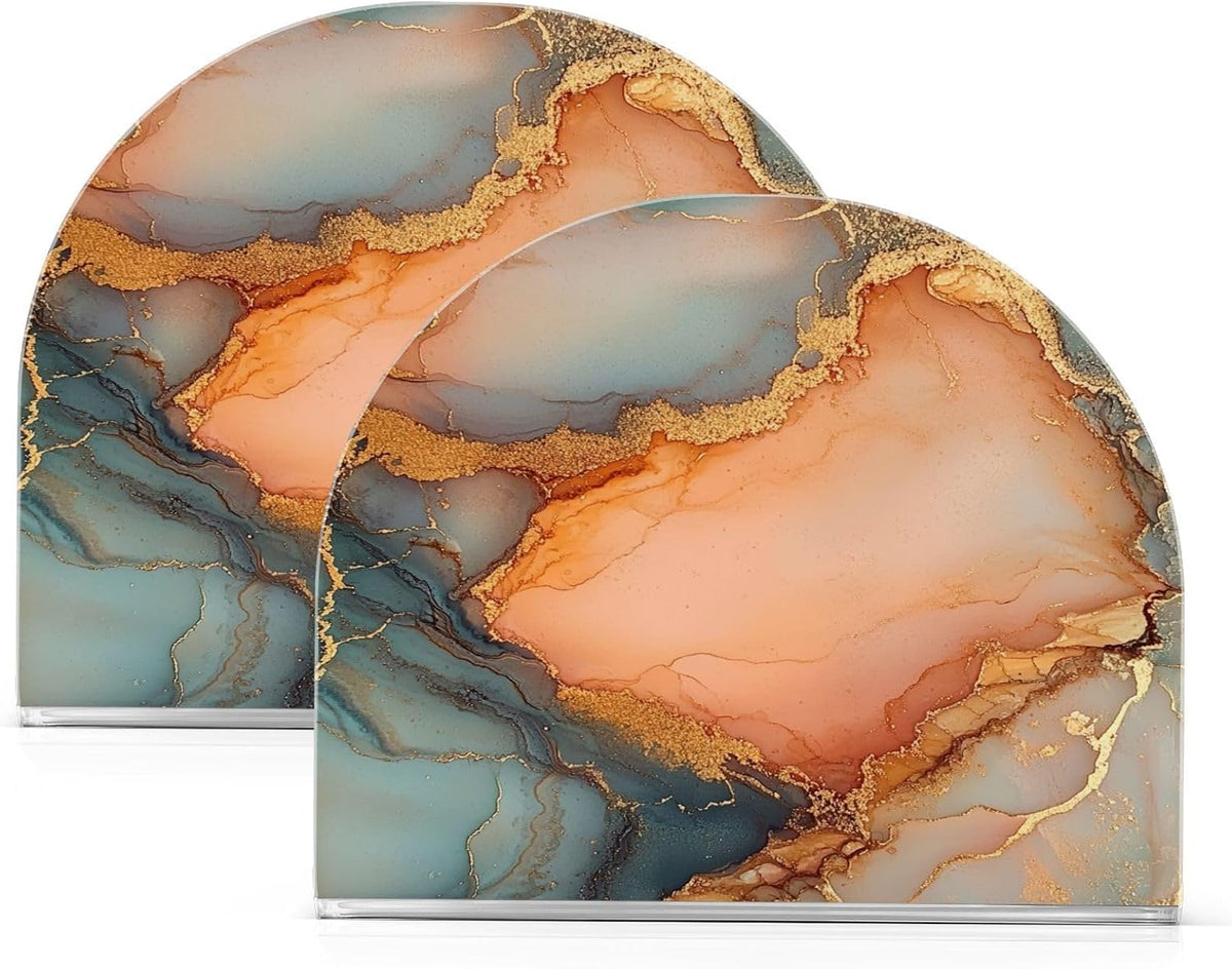 Tabletop Napkin Holder 1 Pack 4mm Thick Acrylic Double-Sided Printed Fits Dinner/Cocktail Napkins Home & Kitchen Use Easy to Clean Marble Peach Gold
