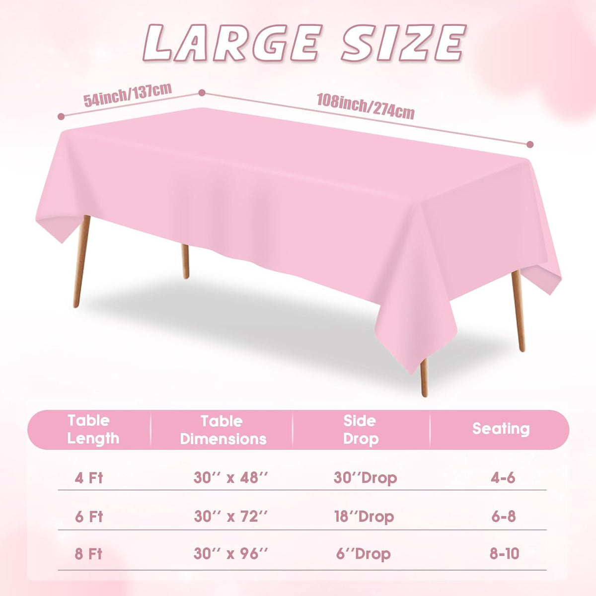 4 Packs Pink Tablecloth 54 X 108 Inch Plastic Table Cloth for Rectangle Table Disposable Light Pink Table Cover for Birthday Party Picnic Baby Shower Wedding Mothers Day Decorations