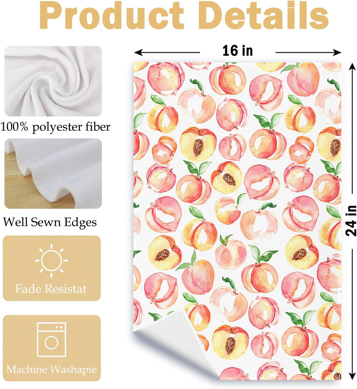 Cute Cheeks Girly Pink Peach Hand Towels for Bathroom Kitchen, Coral Peach Kitchen Towels, Fruit Lover Gifts Dish Tea Towel, 16x24 Inch Set of 2