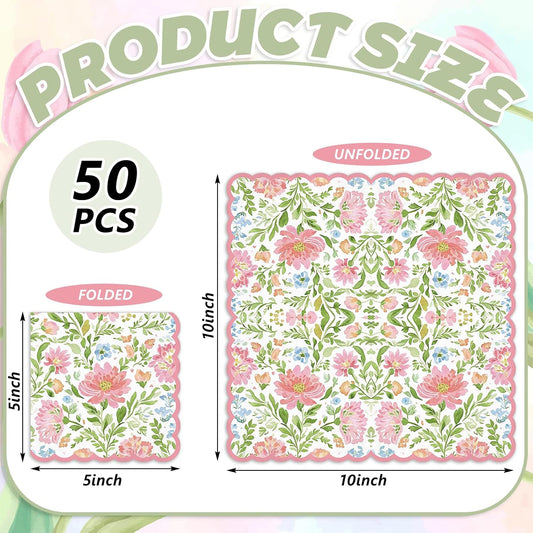 50Pcs Floral Cocktail Napkins Watercolor Pink Green Flower Disposable Paper Napkin Scalloped Beverage Napkin for Spring Wedding Birthday Party Supplies Table Decor