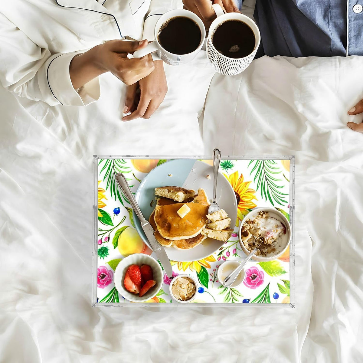 Peach Floral Sprigs White Serving Tray with Handles Decorative Ottoman Rectangle Acrylic Tray for Living Room Coffee Table Kitchen 16x12 Inch