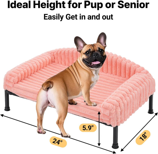 Elevated Dog Bed with Bolster Cushion, Fluffy Plush Dog Couch Beds for Small Dogs, Cats, Washable Raised Pet Cot with Non-Slip Feet for Indoor or Patios Use, 24 x 18 Inches, Pink