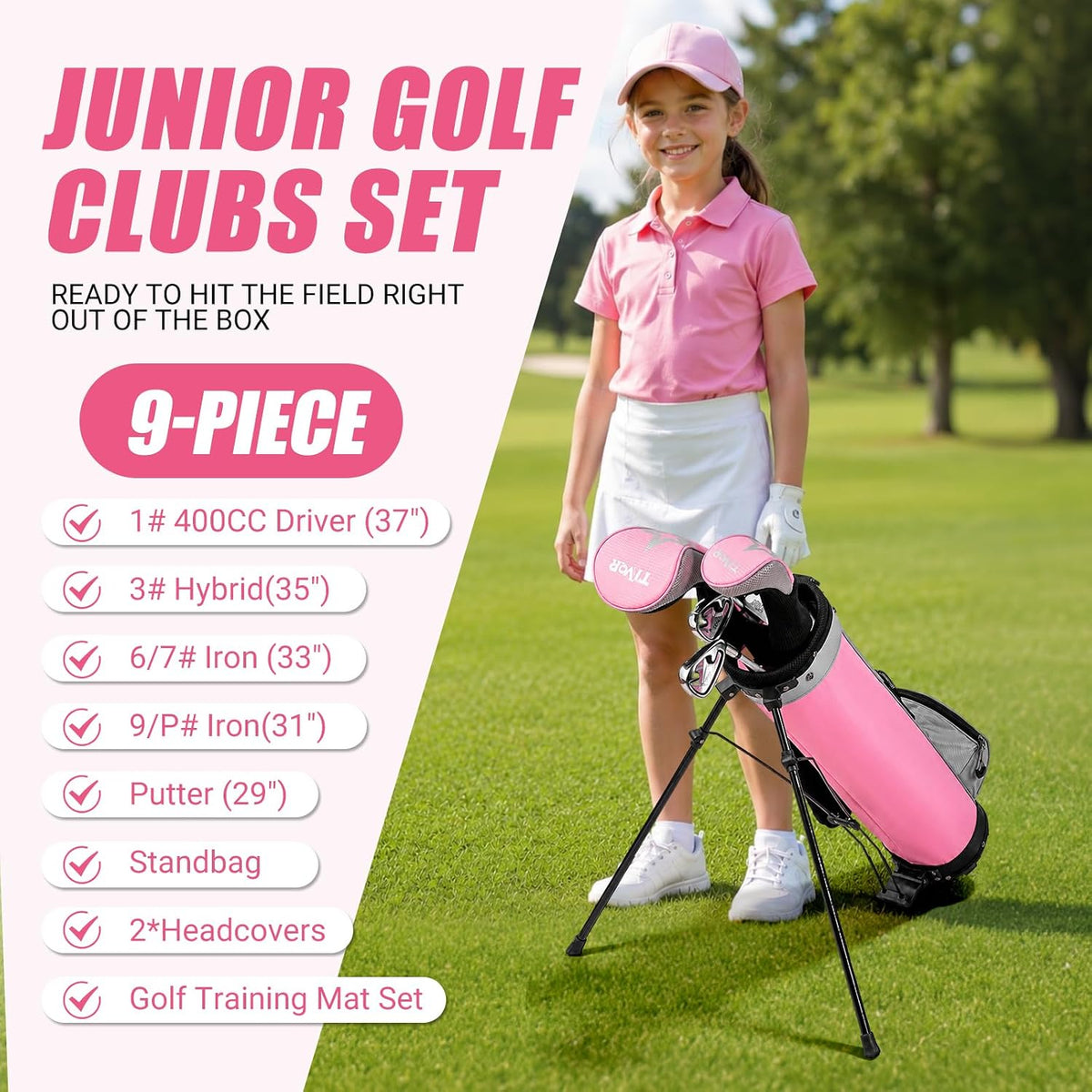 Kids Golf Clubs Set for Ages 9-12,Right Left Handed Youth Golf Clubs Set with 400cc Driver, Hybrid, 7 Iron, 9 Iron, Wedge, Putter, Stand Bag & 2 Headcovers,Junior Golf Clubs,Blue Yellow Pink