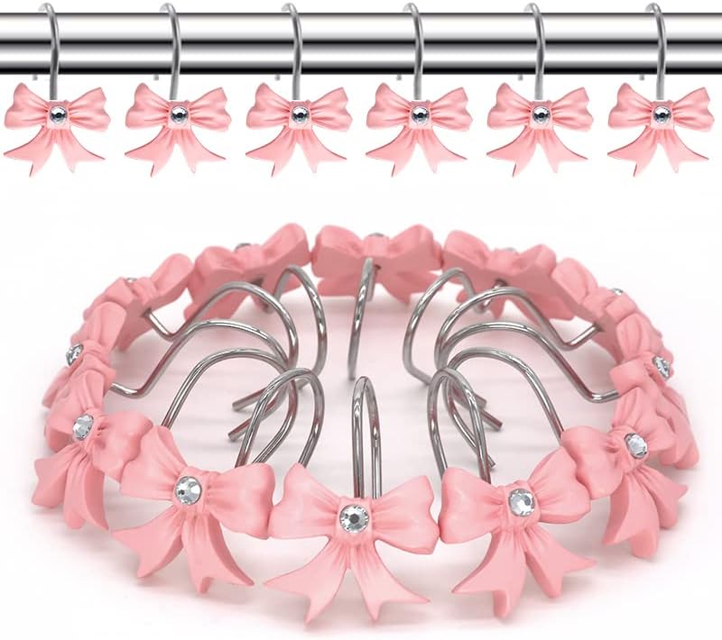 Decorative Shower Curtain Hooks,12PCS Bow Knot Hooks,Pink