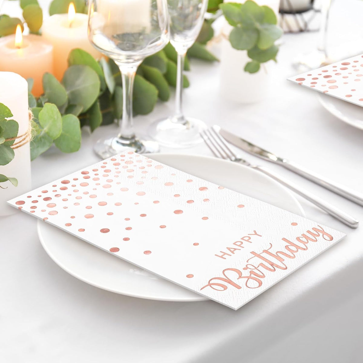 50Pcs Happy Birthday Guest Napkins Rose Gold Foil Dots Birthday Disposable Paper Napkins Dinner Hand Towel for Women Bathroom Party Supplies