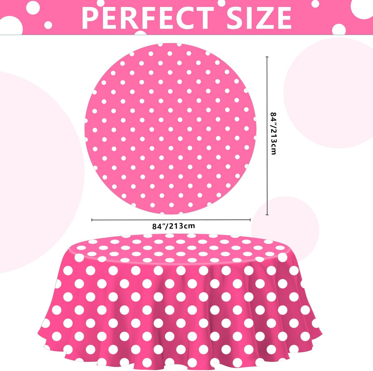 3 Pack Pink and White Polka Dots Round Tablecloth Pink Round Table Cover with White Polka Dot Plastic Table Cloth 84 in for Kitchen Dining Wedding Party