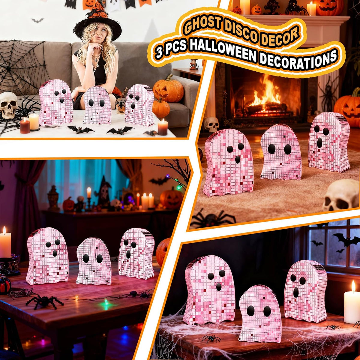 3 Pcs Halloween Disco Ghost Decor,5.9" 7" 8.2" Ghost Mirror Disco Ball Indoor Glitter Spooky Ghost Sign Halloween Tiered Tray Decor Mosaic Table Centerpiece for Party Gift (Pink)