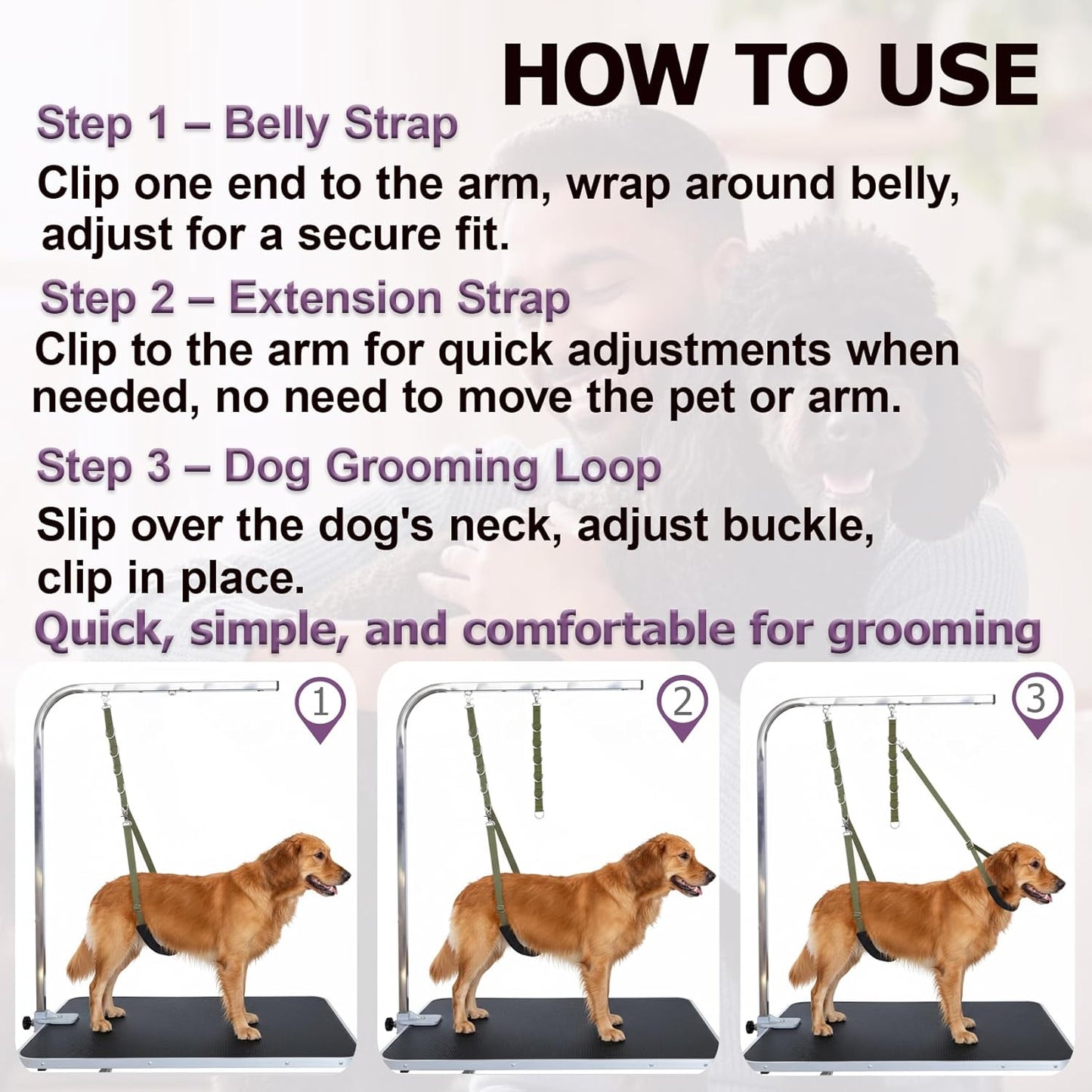 Dog Grooming Belly Straps Belly Band & Loop Extension Set - Adjustable & Comfortable Grooming Tools for Pet Grooming Tables Arms and All Dog Breeds (Purple)