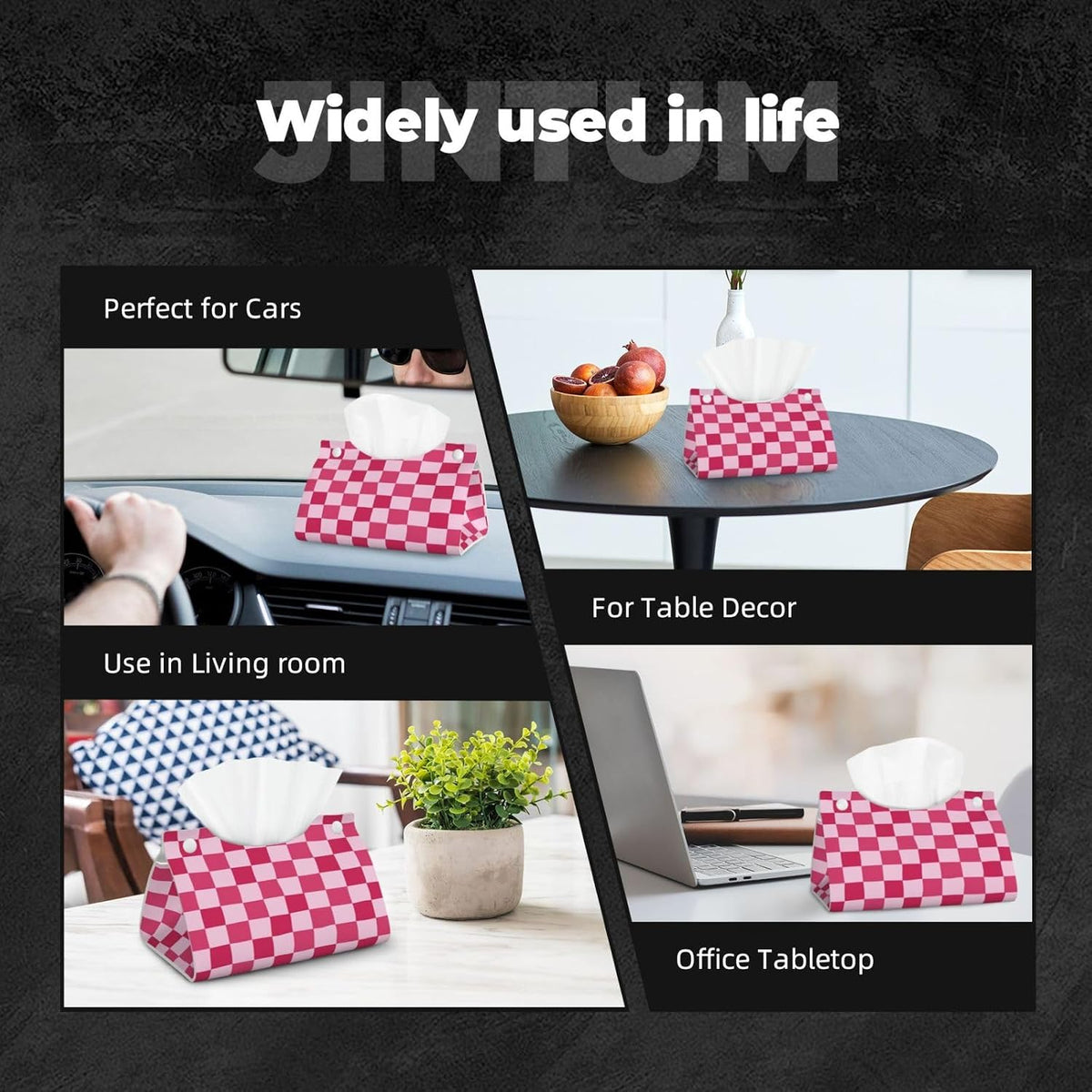 Pink Checkerboard Pattern Rectangle Tissue Box Cover PVC Faux Leather Tissue Boxes Holder Lightweight Tissue Box Cube for Bathroom Home Car Office