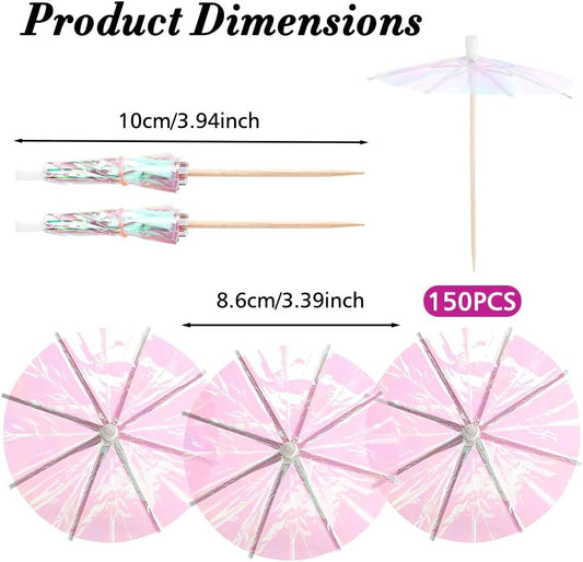 150Pcs Drink Cocktail Umbrellas Mini Pink Transparent Umbrella Picks for Drink Dessert Cupcake Toppers Tropical Cocktail Umbrellas for Hawaiian Luau Tiki Summer Pool Party Decorations