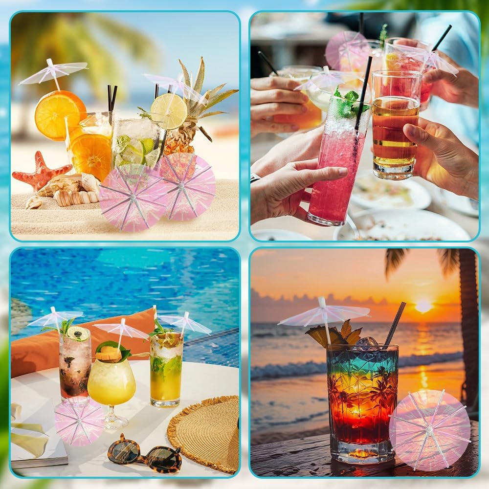 150Pcs Drink Cocktail Umbrellas Mini Pink Transparent Umbrella Picks for Drink Dessert Cupcake Toppers Tropical Cocktail Umbrellas for Hawaiian Luau Tiki Summer Pool Party Decorations