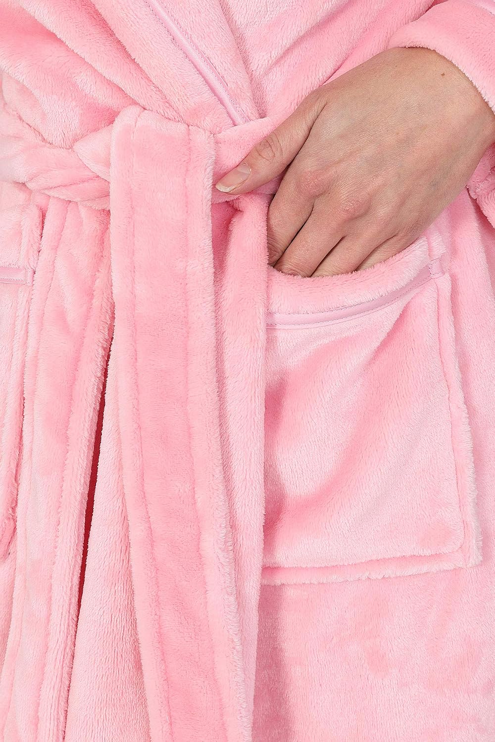 Women's Soft Fleece Robe, Shawl Collar, Pink with Ribbon Detail (S)